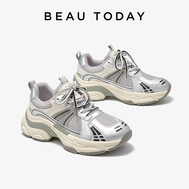 BeauToday银色老爹鞋女2024新款运动休闲鞋女美式厚底鞋春季女鞋