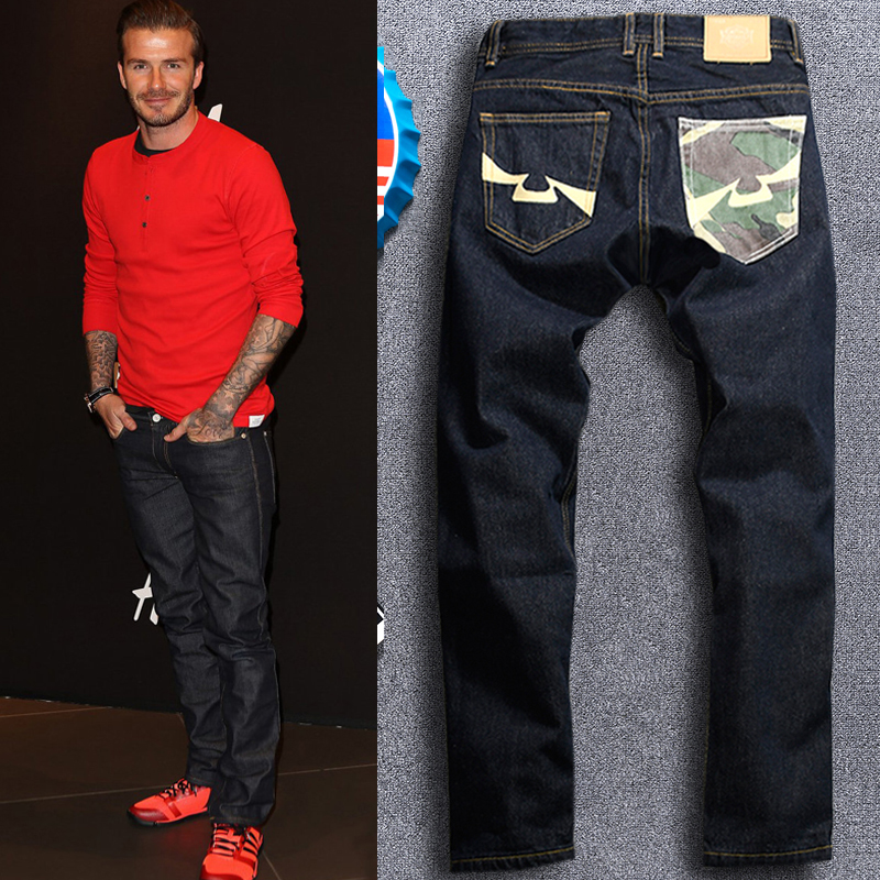 秋冬款潮牌美式贝克汉姆赤耳丹宁红边牛仔裤男士宽松直筒长裤男潮