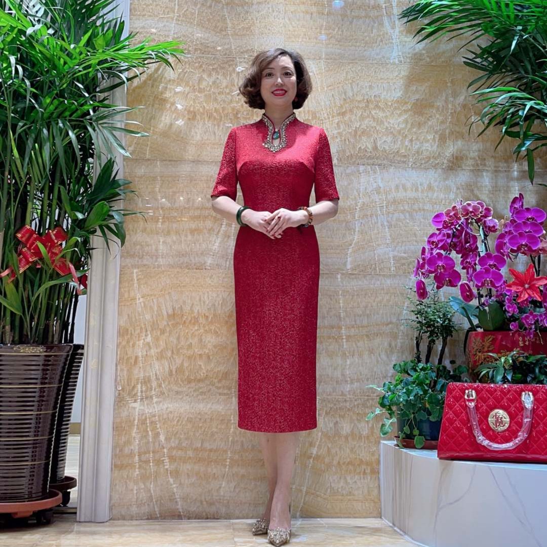 锦上添花17853酒红色高端礼服气质优雅显瘦修身国风婚礼中长款