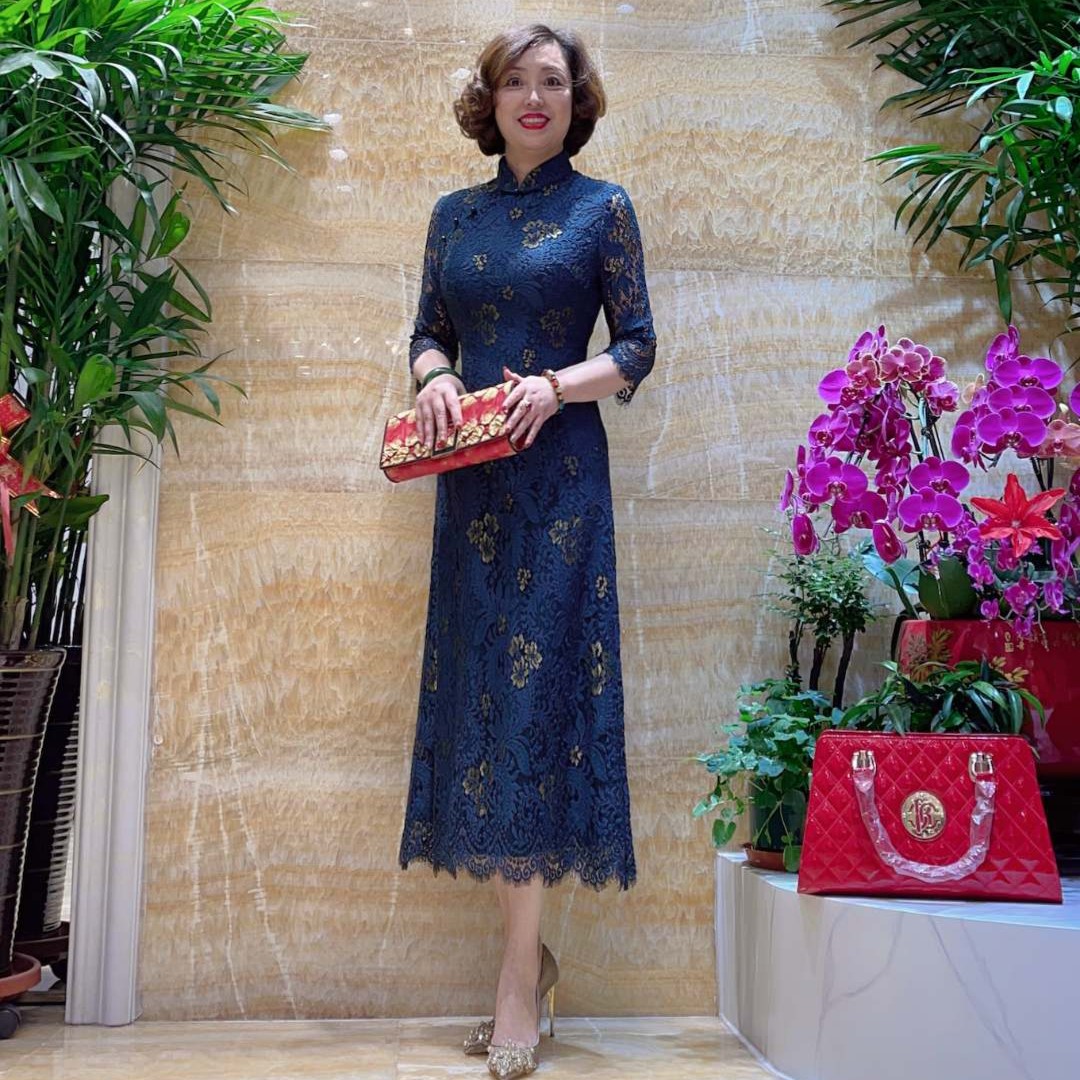 金绿色68722新中式改良旗袍裙蕾丝面料优雅气质修身显瘦复古
