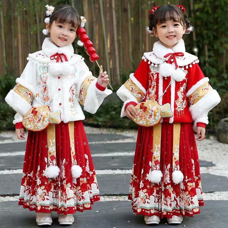 拜年女童儿童汉服冬季年服加绒加厚洋气中国唐装日常喜庆宝宝套装