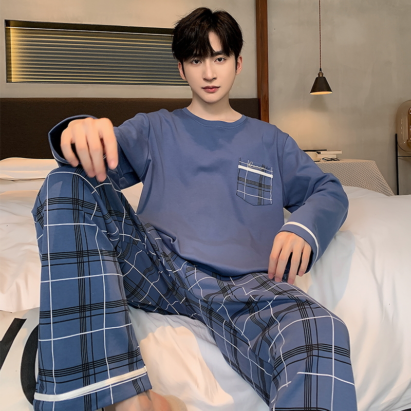 纯棉男士长袖长裤直筒睡衣套装新款秋季休闲家居服