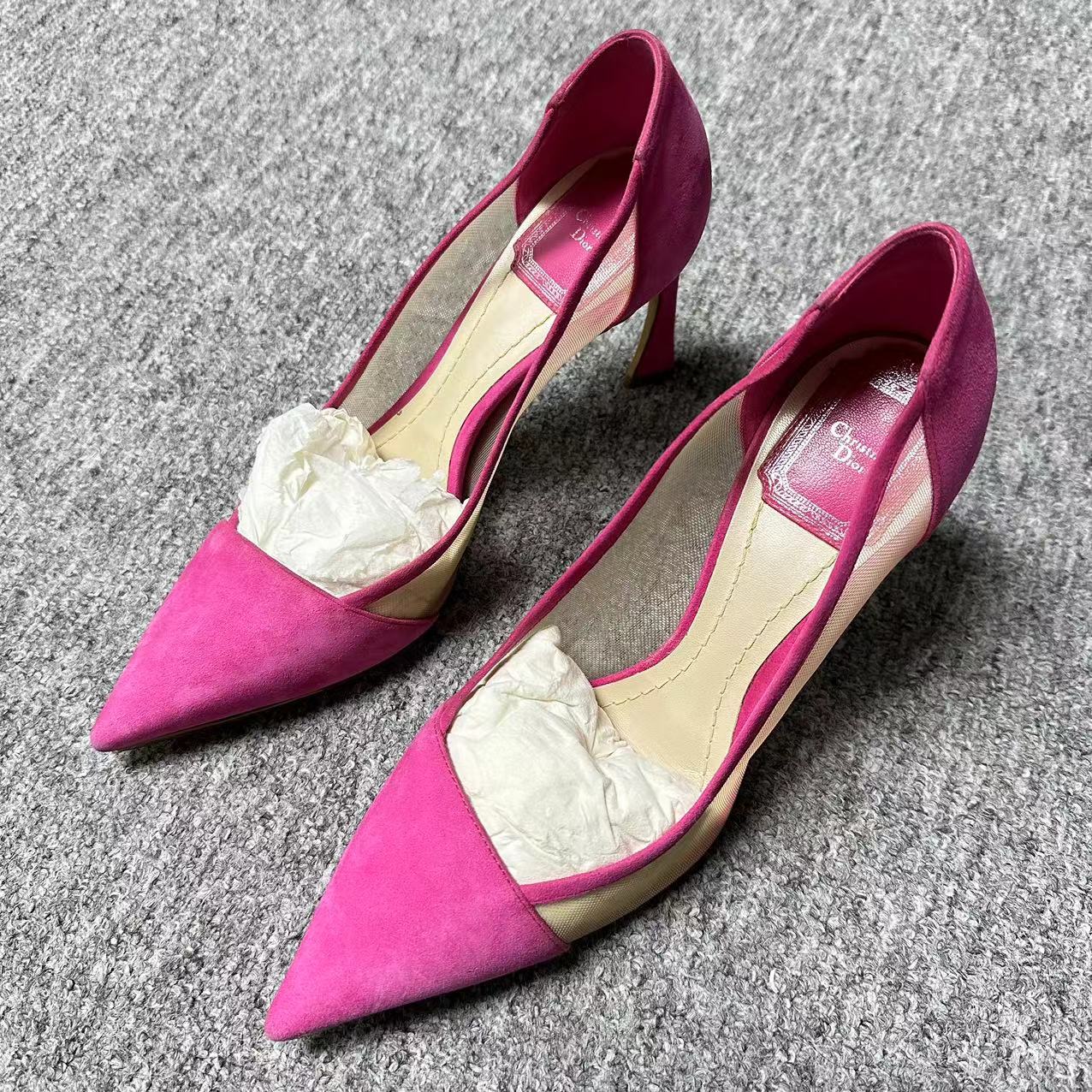 95新 DIOR/迪奥 36码/Seven女鞋精选 粉色网纱时尚高跟鞋  535 