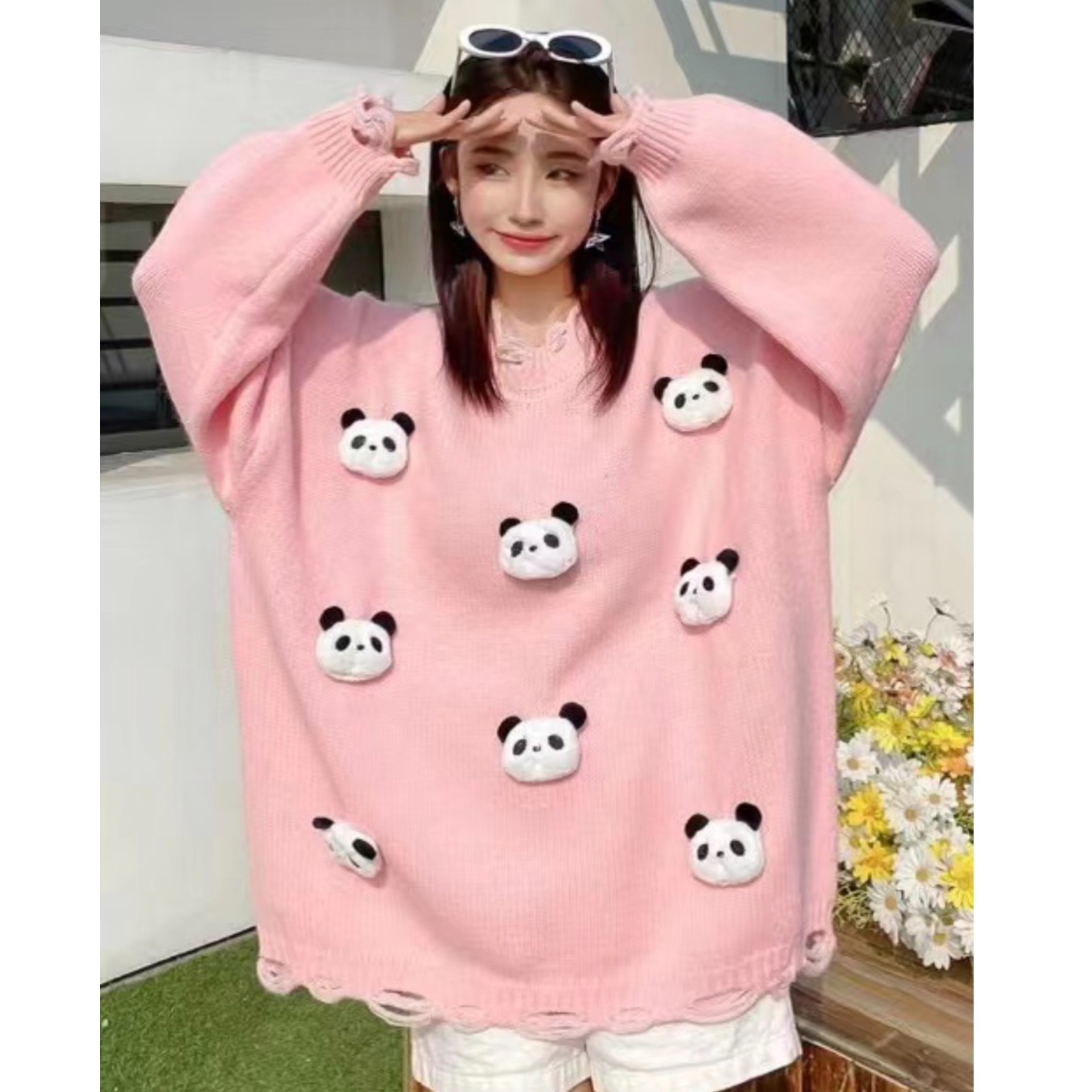 100-230斤 胸围140衣长75 新胖瑶瑶熊猫玩偶毛衣慵懒风卡通圆领