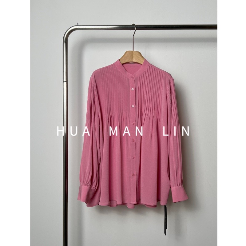 【花滿林】小立领手工打条捏褶30姆米真丝桑蚕丝鬼绉上衣7910