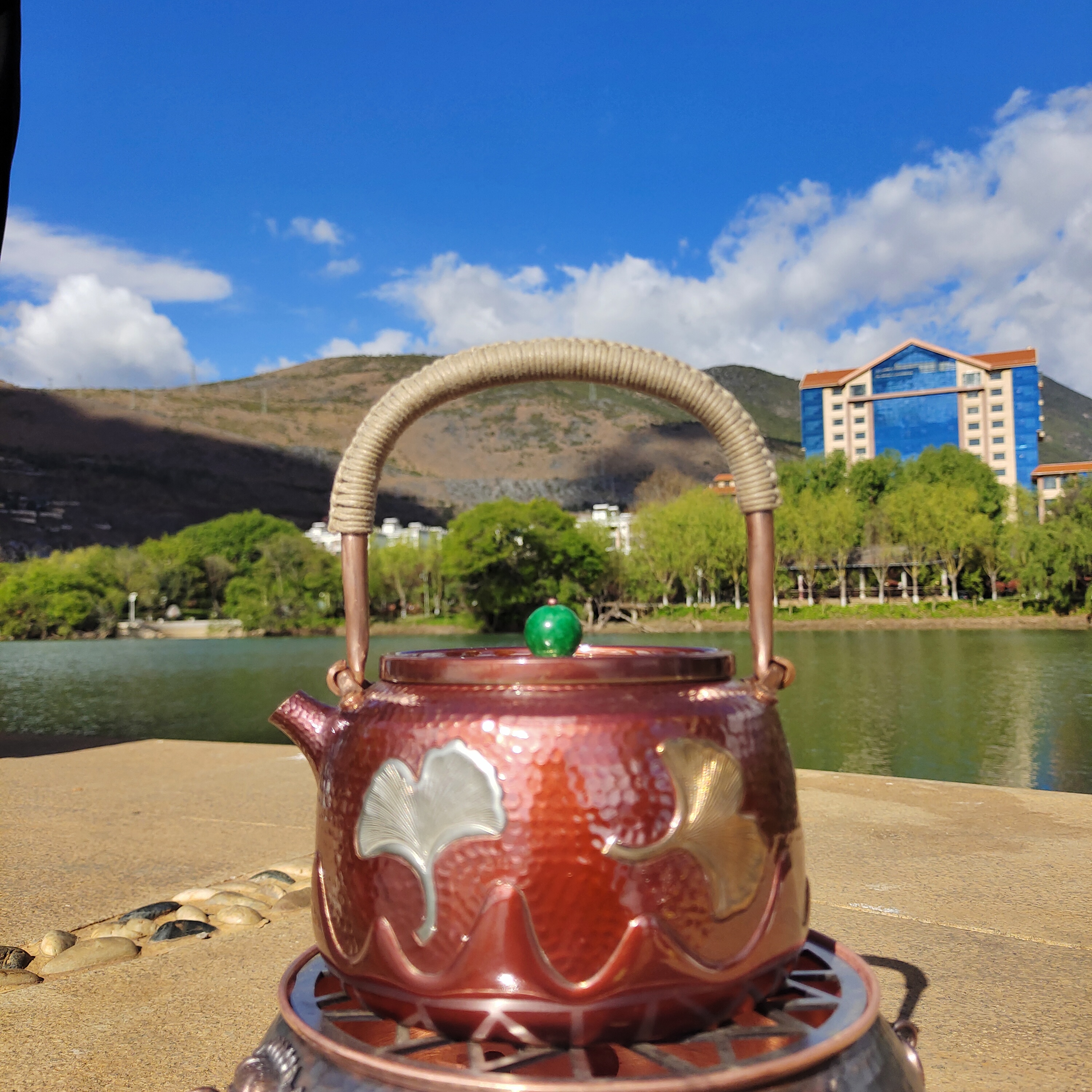 精品纯铜纯手工鎏金银杏一体壶