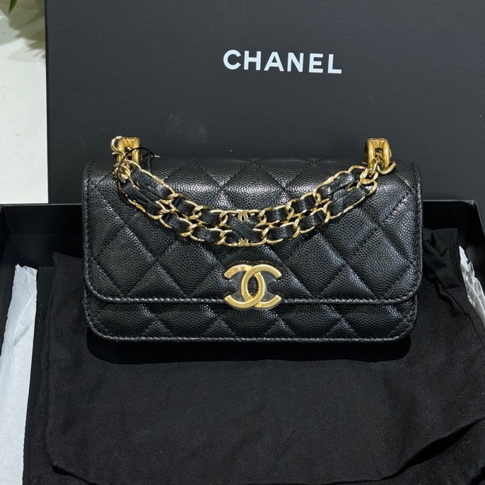 99新 Chanel/香奈儿 黑金荔枝双链mini woc手机包