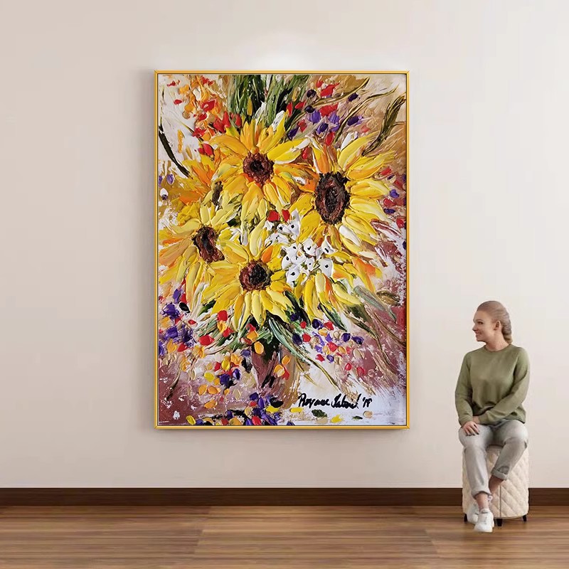 手绘油画《春暖花开》梵高向日葵餐厅挂画客厅玄关背景墙装饰画