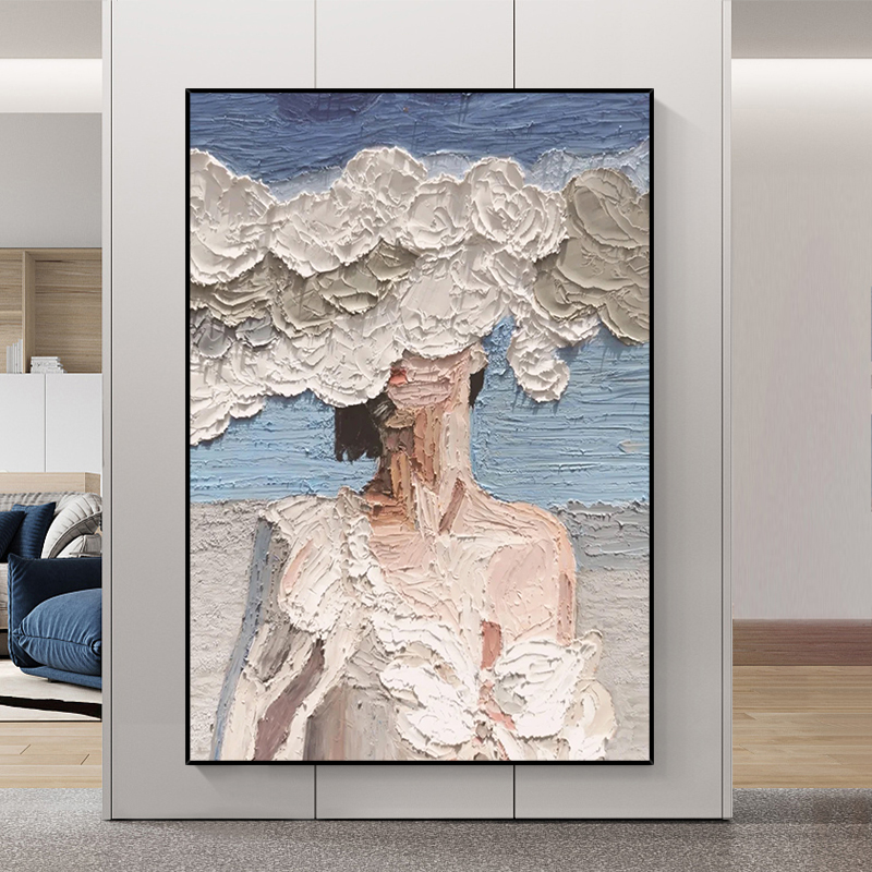 手绘油画《云梦》玄关挂画抽象画客厅背景墙装饰画轻奢少女人物