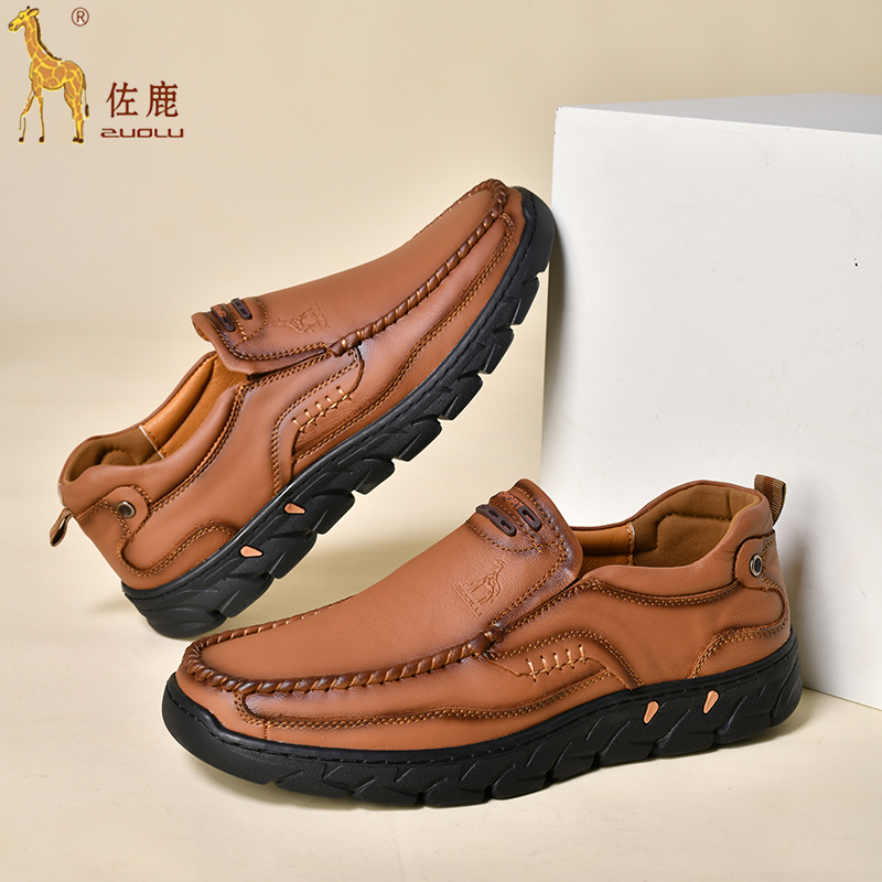 【头层牛皮】秋冬必备手工缝线皮鞋男鞋休闲软底软面一脚蹬中年8809