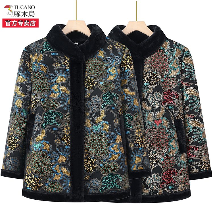 啄木鸟品牌中老年女装棉衣奶奶装冬装绒棉服妈妈装新款加绒加厚