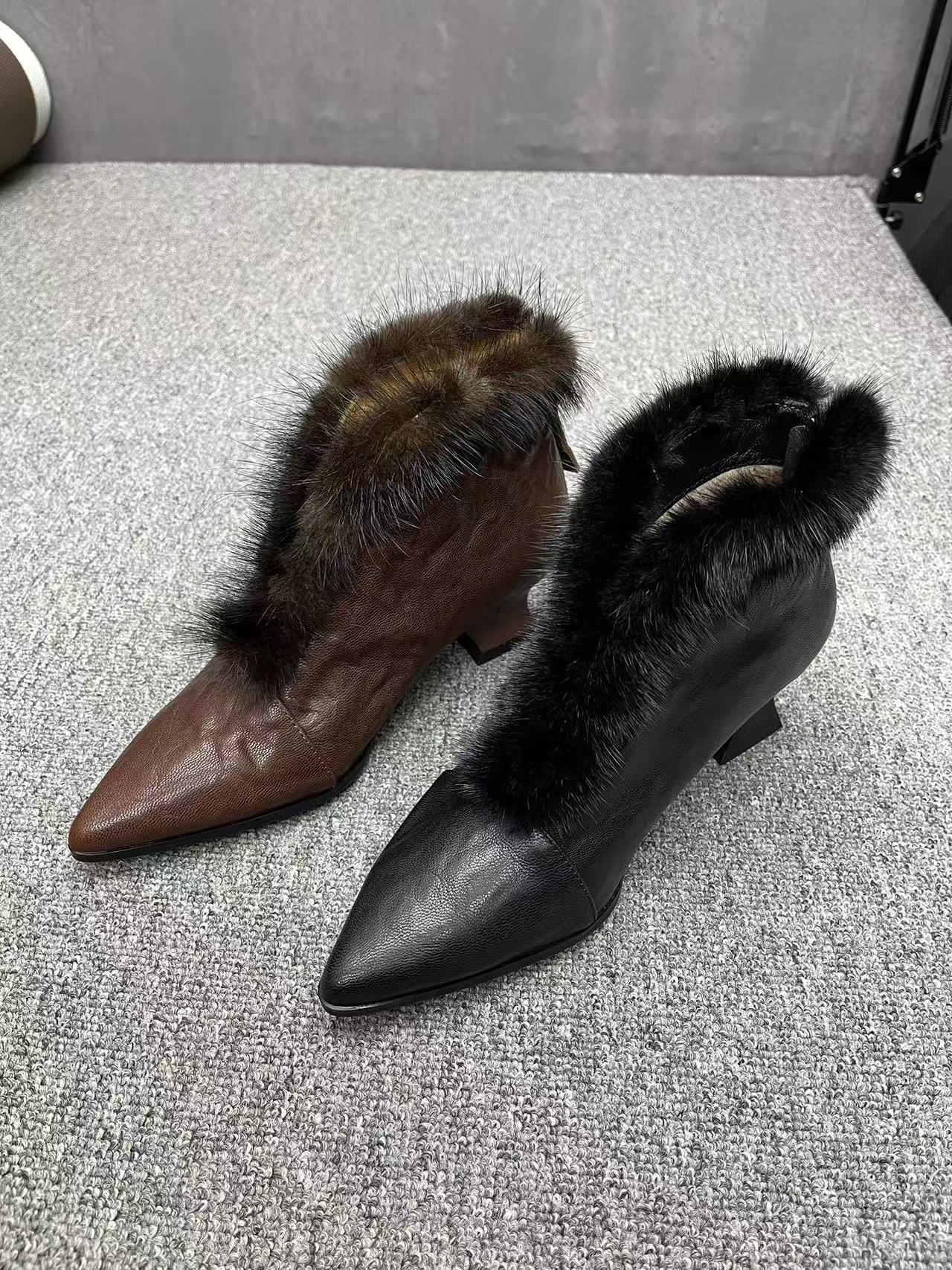 丽尔手工女鞋]3厘米尖头百搭厚底真皮真毛貂毛粗跟真皮羊皮短靴