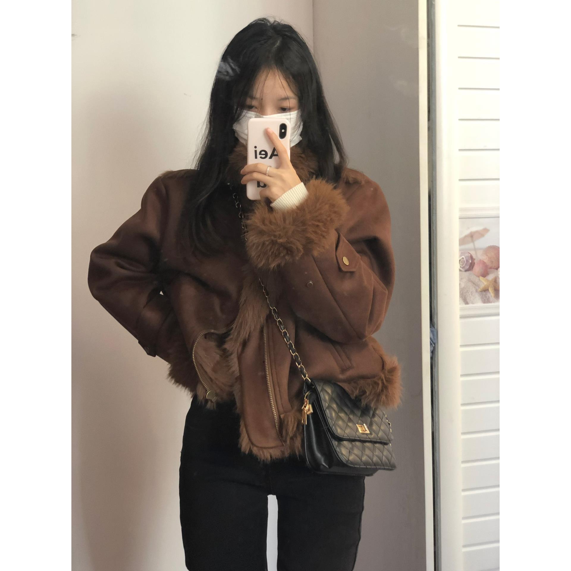 复古皮毛All赛车服外套女冬季2023新款韩系加厚毛领短款夹克棉服