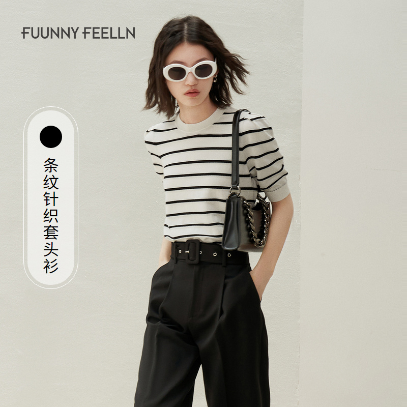 FF||仿佛新款短袖针织衫条纹白色T恤女短款FZ00747