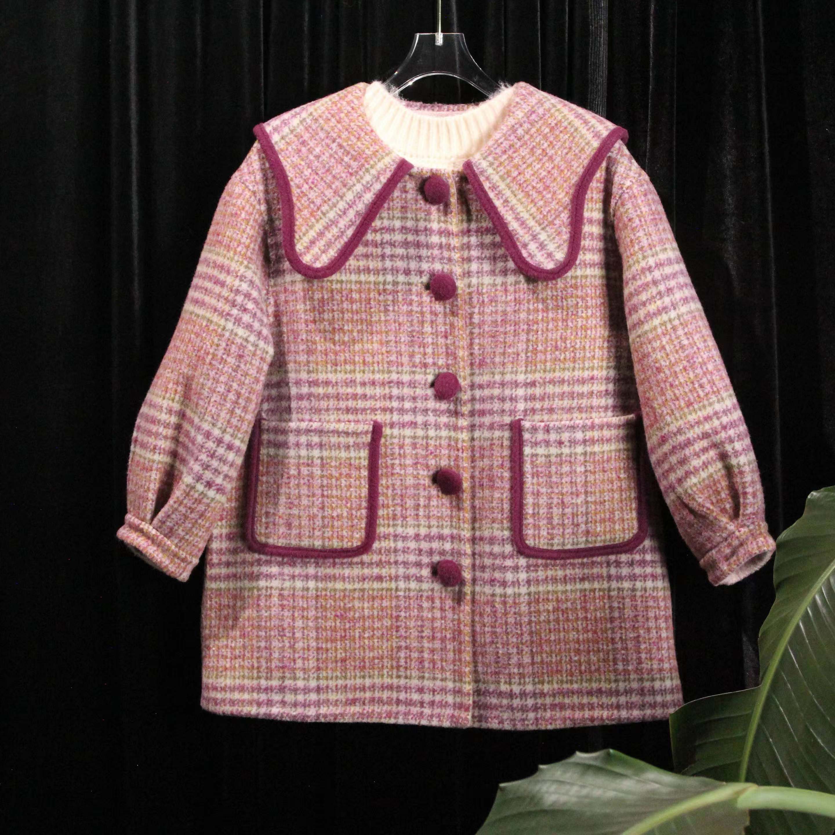 紫色格子色织提花娃娃领中大童绵羊毛童装双面羊毛大衣-031