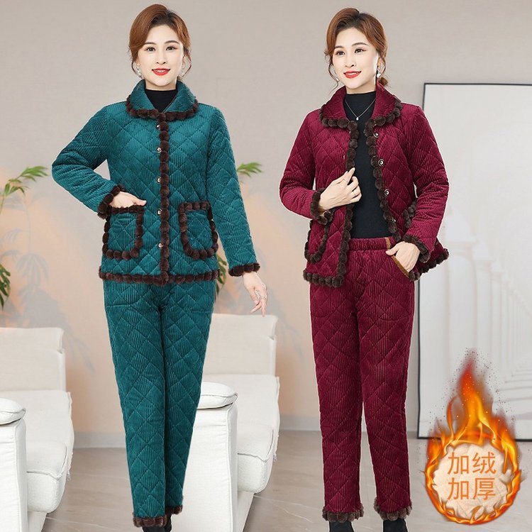 冬季大码妈妈时尚休闲百搭加绒加厚保暖防寒棉衣棉服锁温棉袄套装