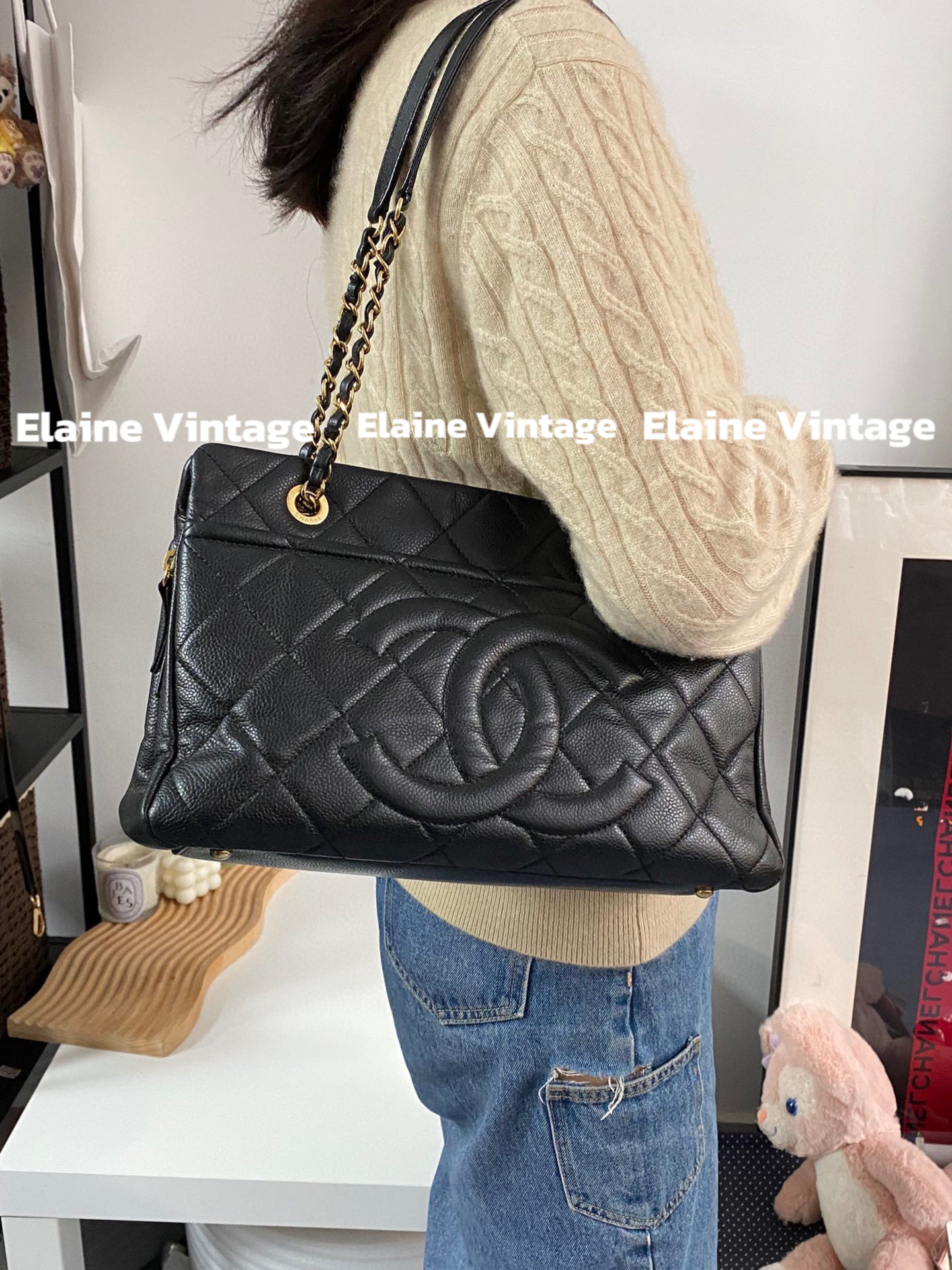 95新 Chanel/香奈儿 黑金菱格托特包大logo 28cm