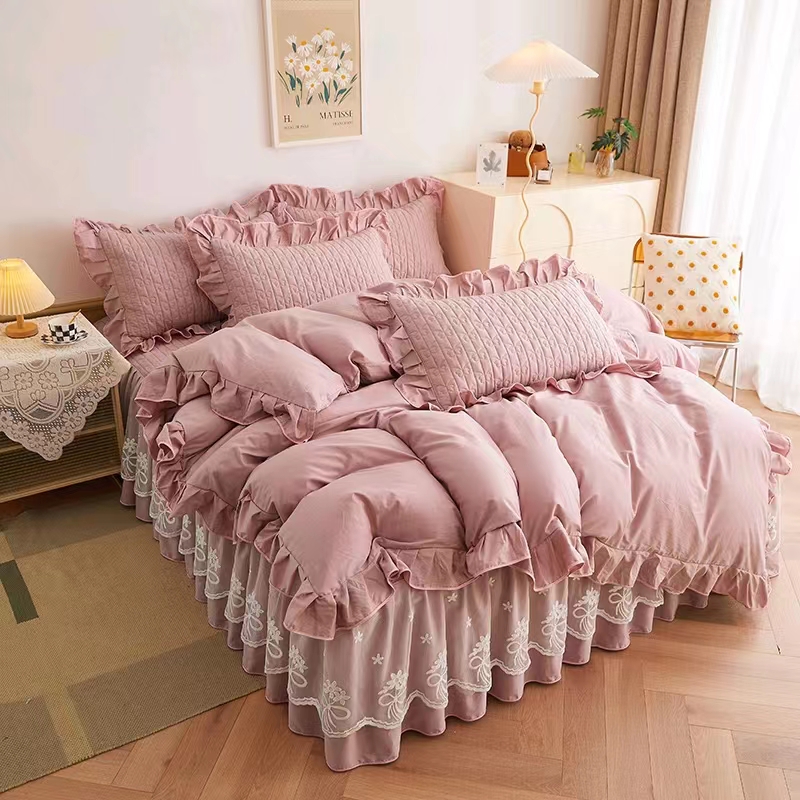 新款公主风纯棉夹棉绗缝少女心网红床裙【宜凡】床上用品被套床单