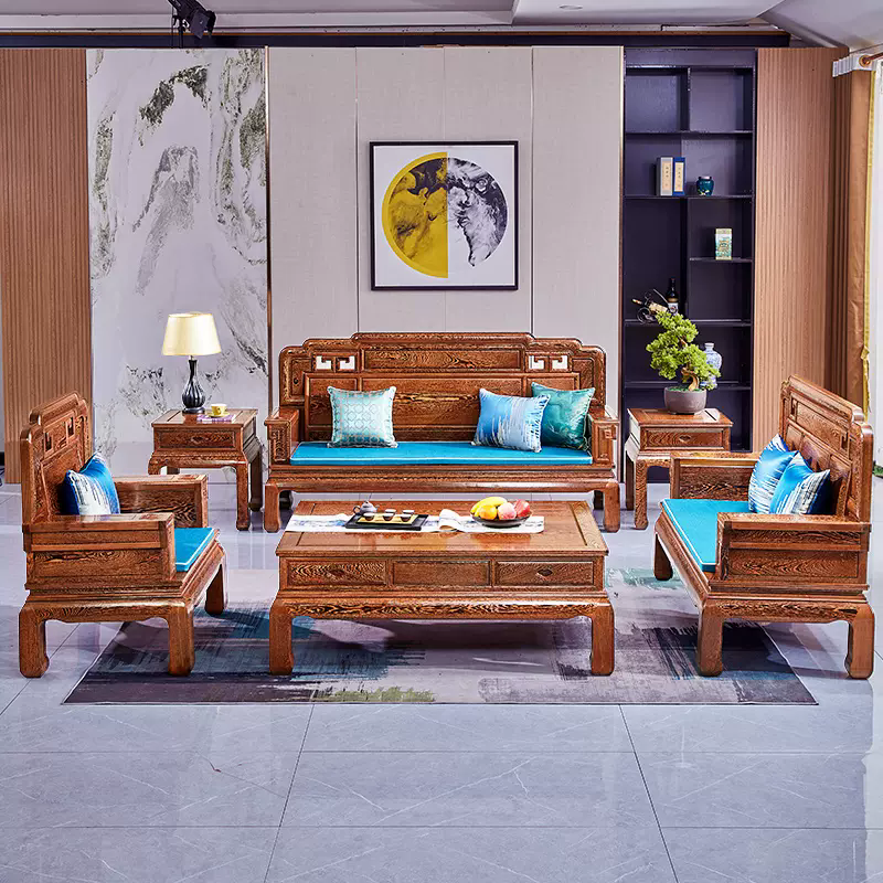 红木大型别墅鸡翅木国色天香沙发中式实木客厅茶几组合整装十件套