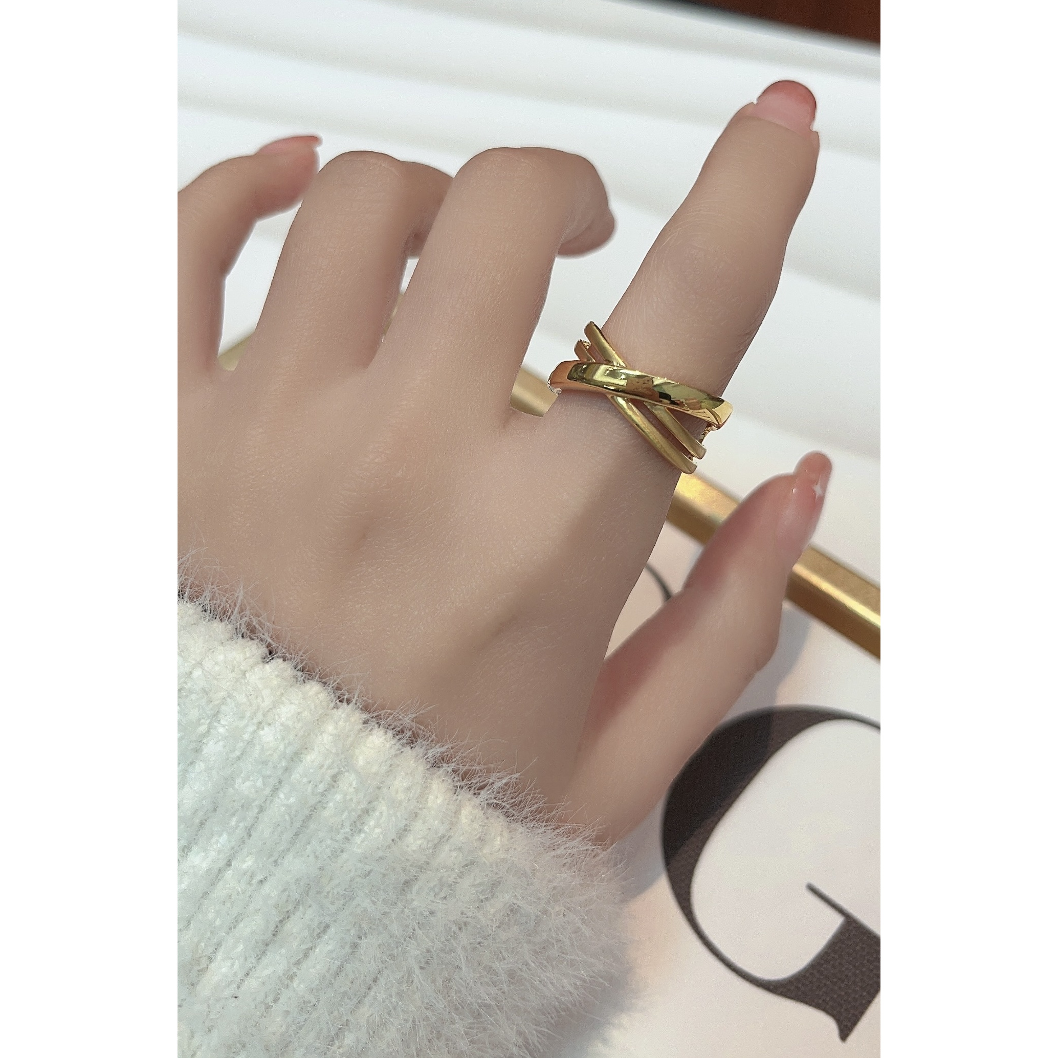 [抖音质检 现货]5D黄金戒指宽版交叉戒指亮面磨砂层次感 足金999