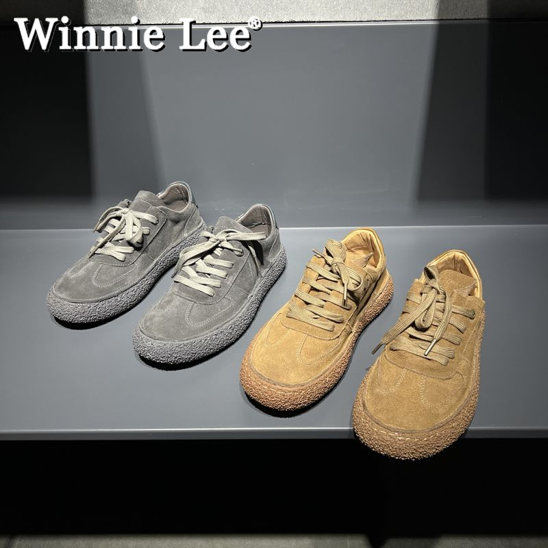 Winnie Lee新款潮流男鞋潮鞋圆头休闲复古英伦风厚底软底百搭板鞋