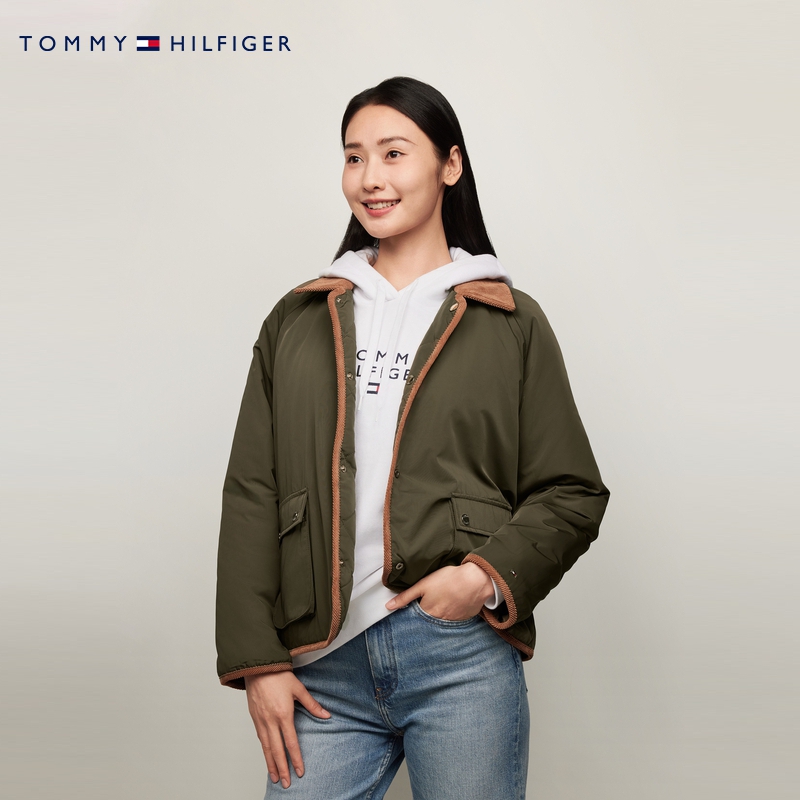 【双面穿】Tommy秋冬女灯芯绒镶边复古菱格宽松棉服夹克外套43220
