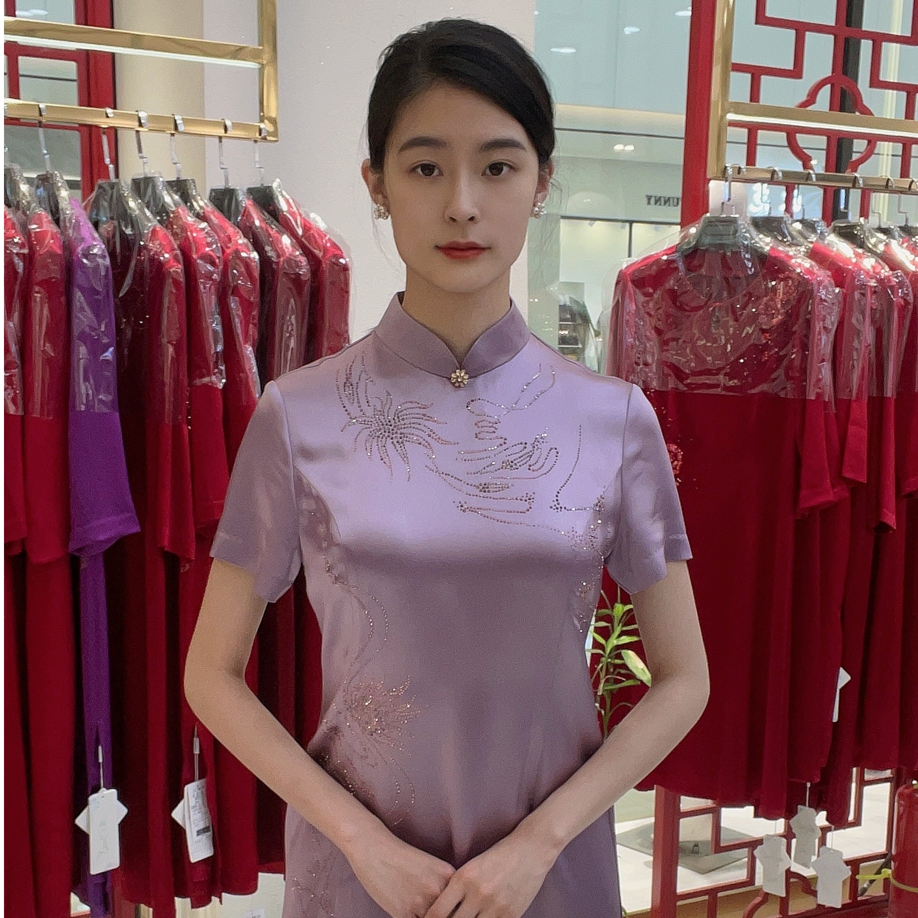 春夏喜婆婆喜妈妈装醋酸缎旗袍宴会婚礼气质夏季礼服87528