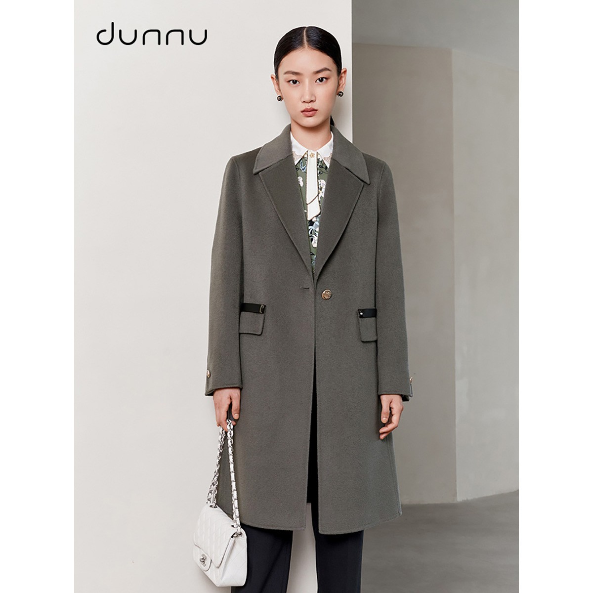 敦奴dunnu敦奴翻领羊毛大衣侧插口袋中长款毛呢外套商场同款呢子