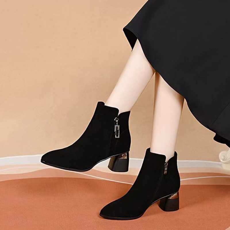 羊皮版短靴女2024新款秋冬季粗跟中跟磨砂绒面女鞋圆头加绒皮鞋