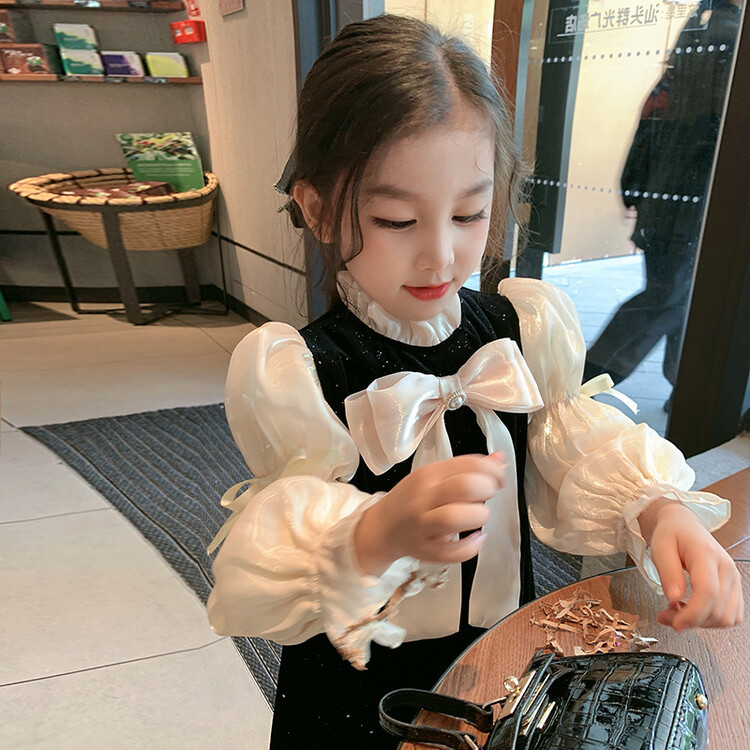 女童春秋长袖高端连衣裙2023洋气赫本小香风蝴蝶结泡泡袖礼服裙子
