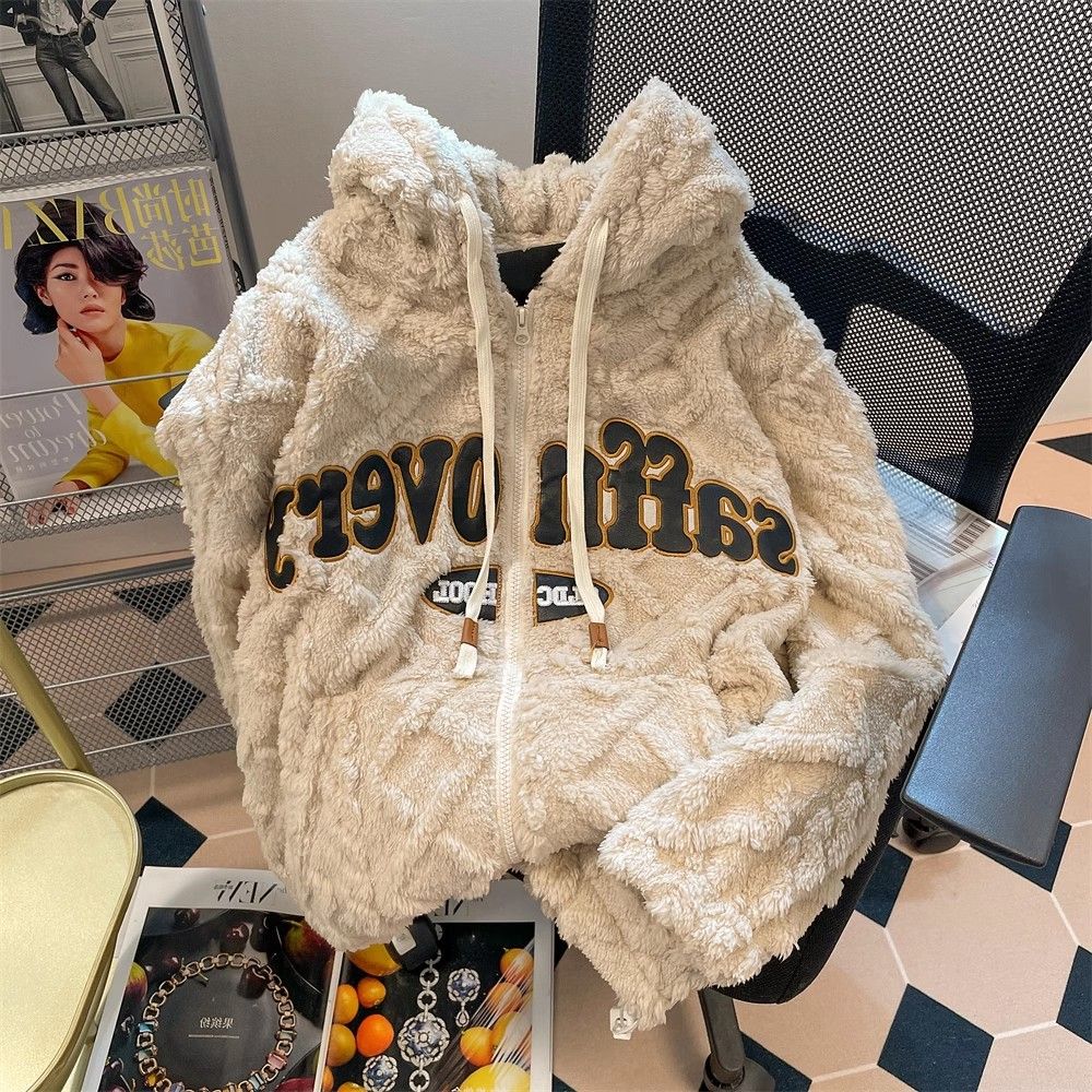 美式复古hiphop菱格连帽外套男女冬季高级感加绒加厚羊