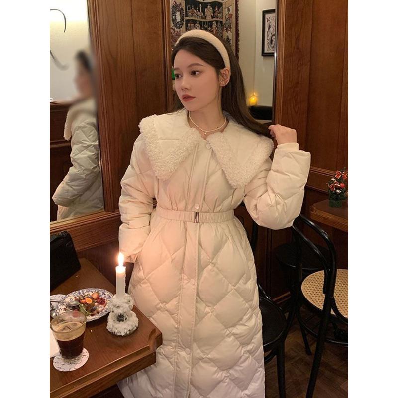 羊羔毛娃娃领过膝长款羽绒服女2023新款韩版洋气时尚淑女冬季外套