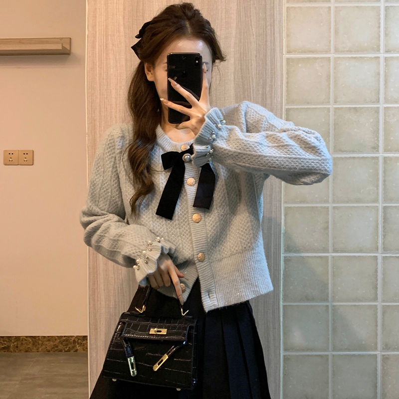 小香风亮丝闪闪蝴蝶结针织毛衣开衫女外套小众设计感温柔春秋上衣