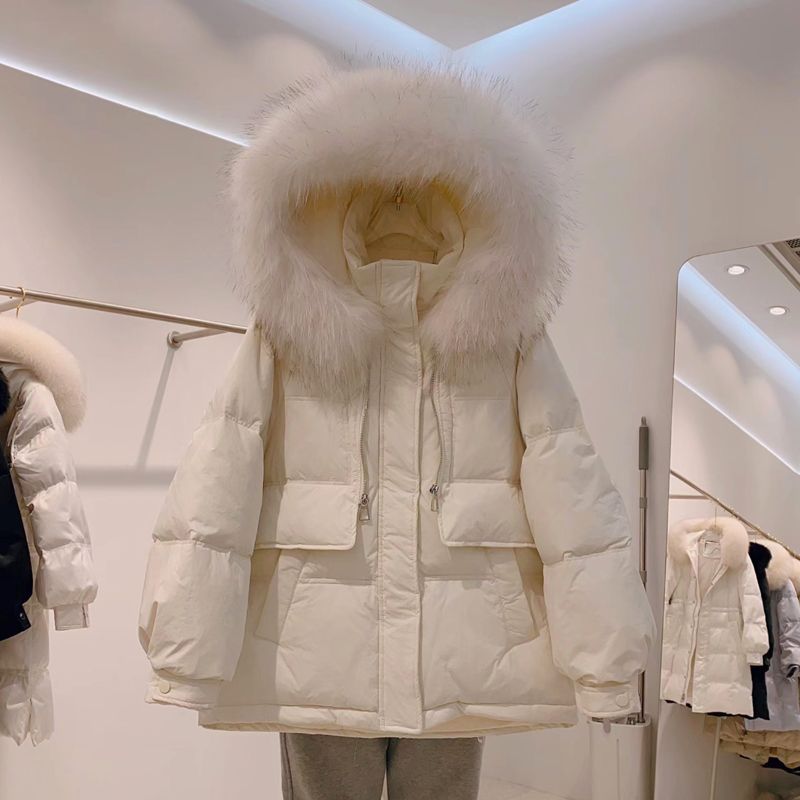 雅鹿新款韩版大毛领羽绒服你短款2024年新款加厚宽松貉子毛白百搭