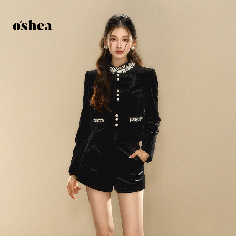 oshea【官方专享】重工珠扣千金风短外套秋显瘦高级感黑色丝绒上衣