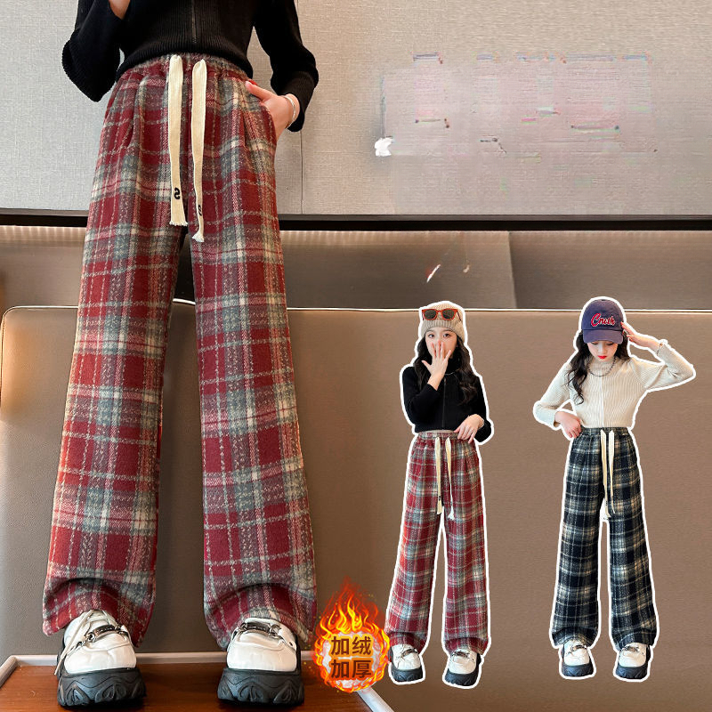 女童加绒格子裤时尚洋气百搭直筒阔腿裤2023新款中大童学生休闲裤
