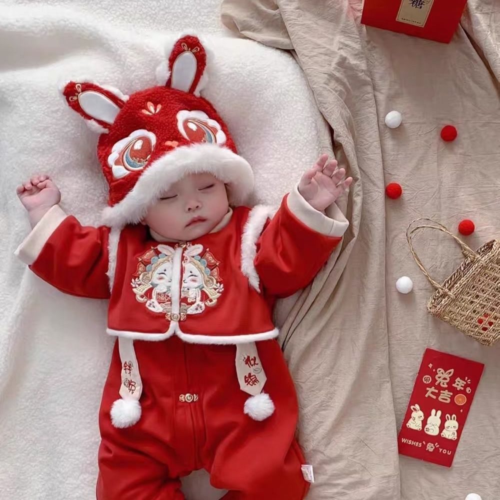 婴儿汉服冬季加绒男女童抓周礼服宝宝服满百天拜年服喜庆连体哈衣