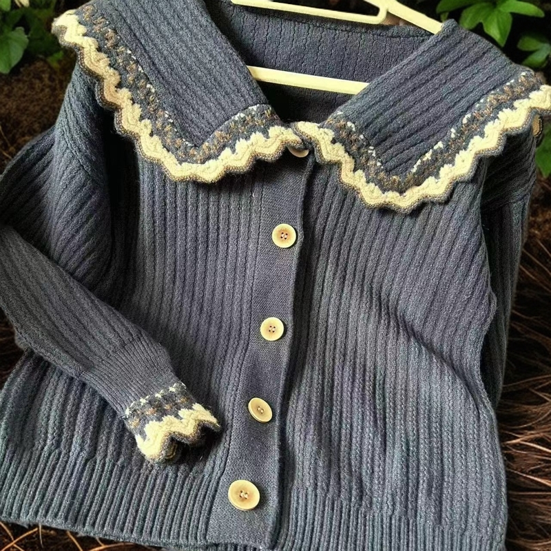 悦悦秋冬黑色加绒美衣显瘦气质夏季长袖针织娃娃领女装拼接海军领