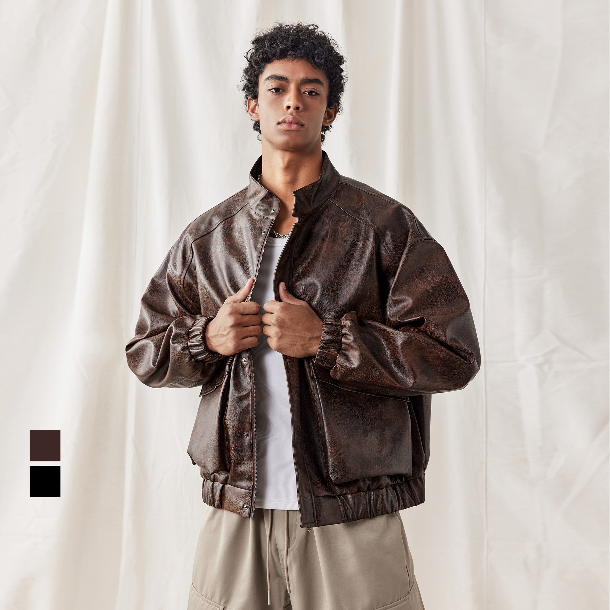 BD美式复古PU皮衣外套秋季大口袋机车夹克外套男宽松