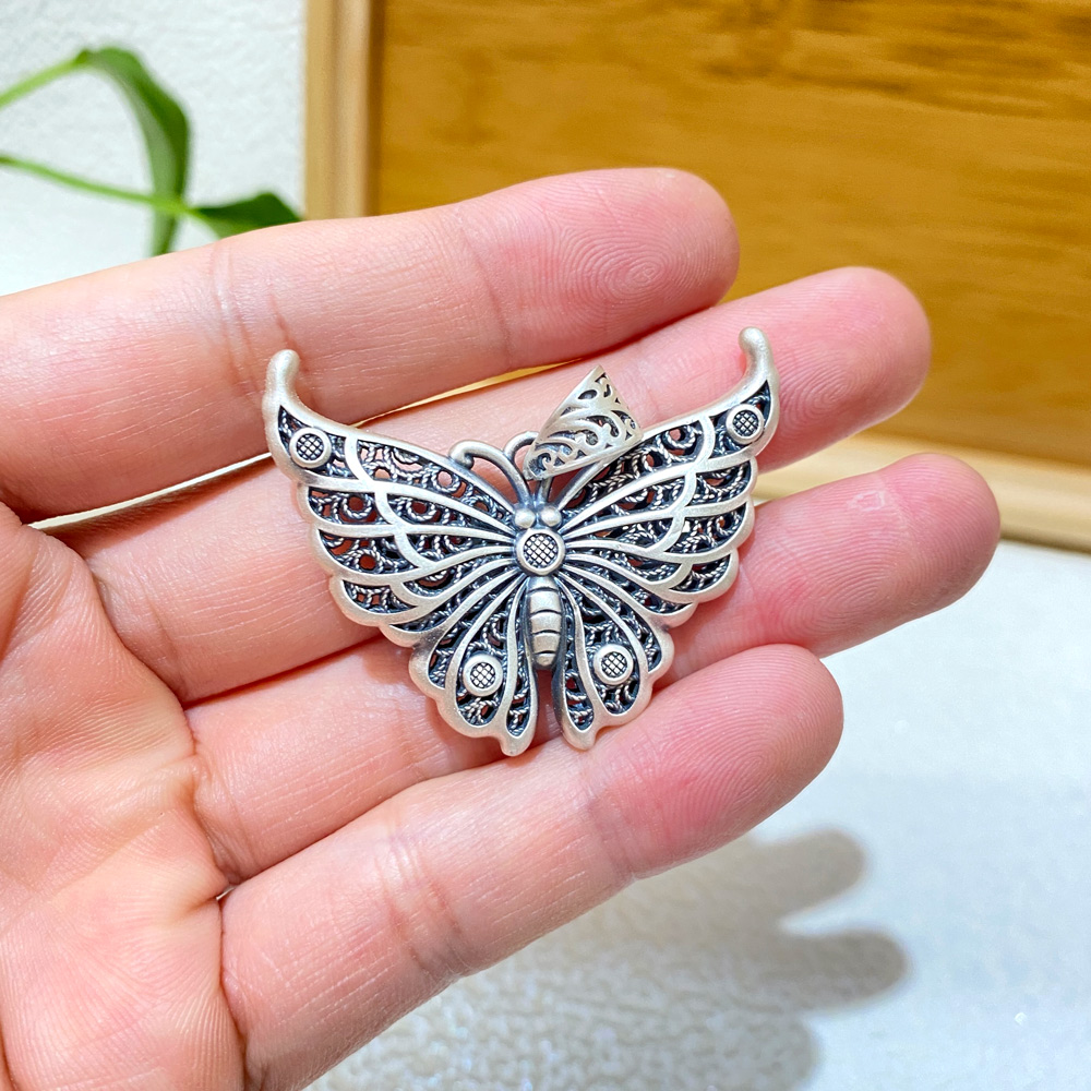 吊坠足银 《花丝蝴蝶》吊坠 足银999古风吊坠 镂空吊坠