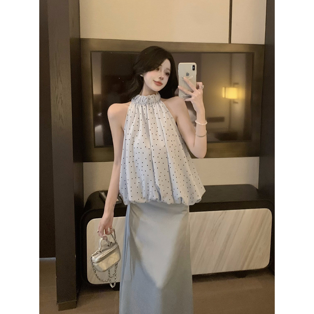 波点挂脖吊带背心女夏季纯欲上衣别致绝美法式无袖蓬蓬花苞娃娃衫