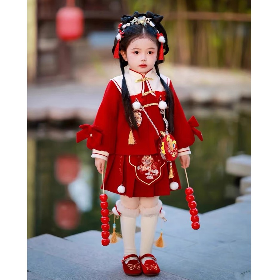 壹妈新童装女童新年套装冬装儿童洋气新中式红色过年拜年服两件套