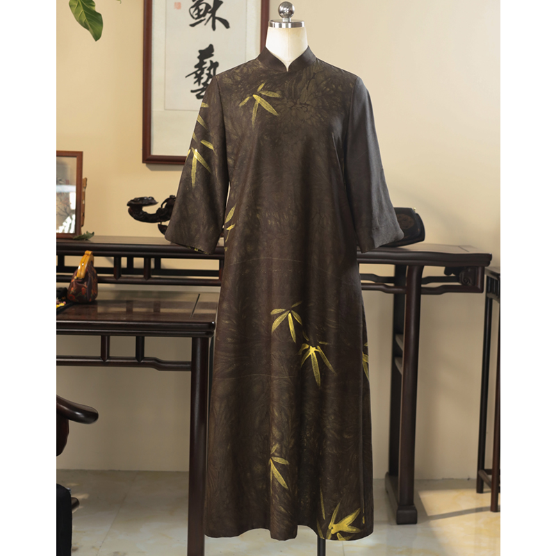 【京华苏艺】桑蚕丝中国风旗袍式裙子竹叶香云纱旗袍-68449