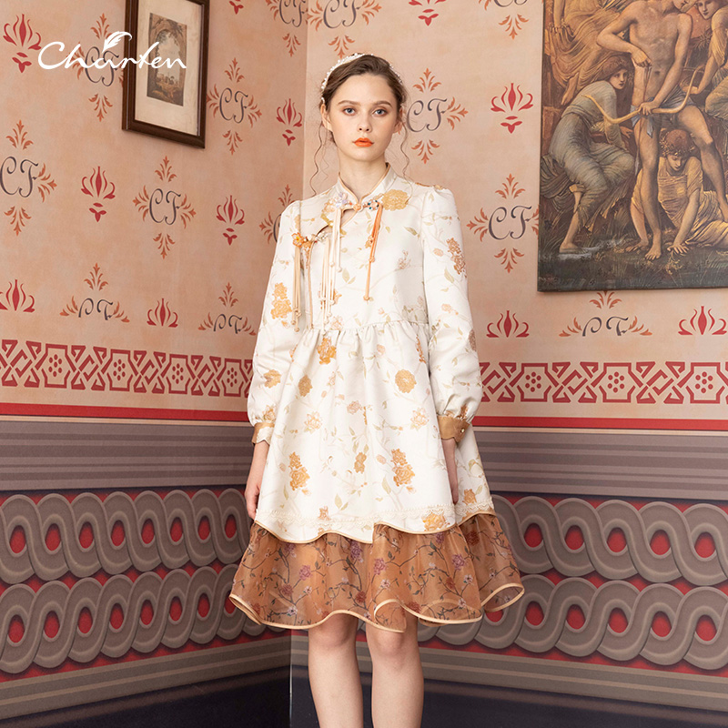 【虎哥专享】朝峰春古典风中长款宽松连衣裙女CFD1A306-3028G