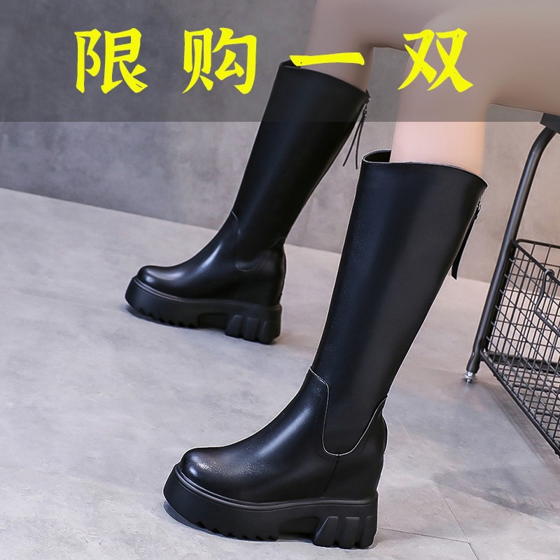 百丽纯爱内增高长靴女冬季加绒显脚小女靴子高筒2023新款百搭不
