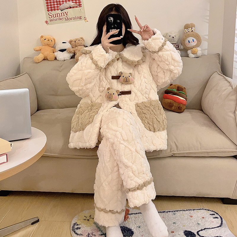 夹棉睡衣女士秋冬季新款三层加厚加绒珊瑚绒保暖睡衣女冬加厚加绒