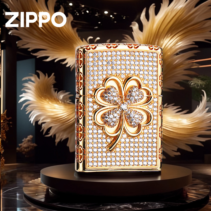 zippo打火机 镀金满钻四叶草套壳煤油防风打火机送礼收藏DY9902GQ