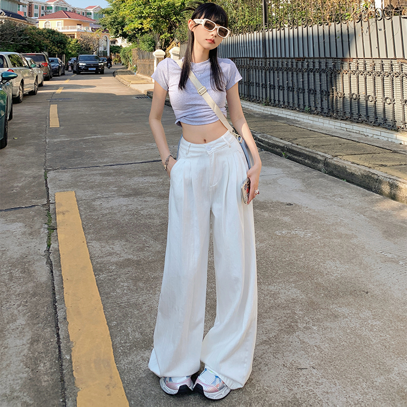 2024秋冬新款白色宽松褶皱纹理直筒牛仔裤女加绒垂感阔腿裤子