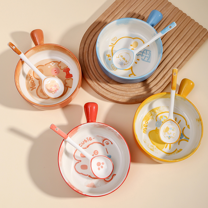 萌宠陶瓷手柄碗勺套装家用可爱高颜值大号网红手把碗饭烤碗