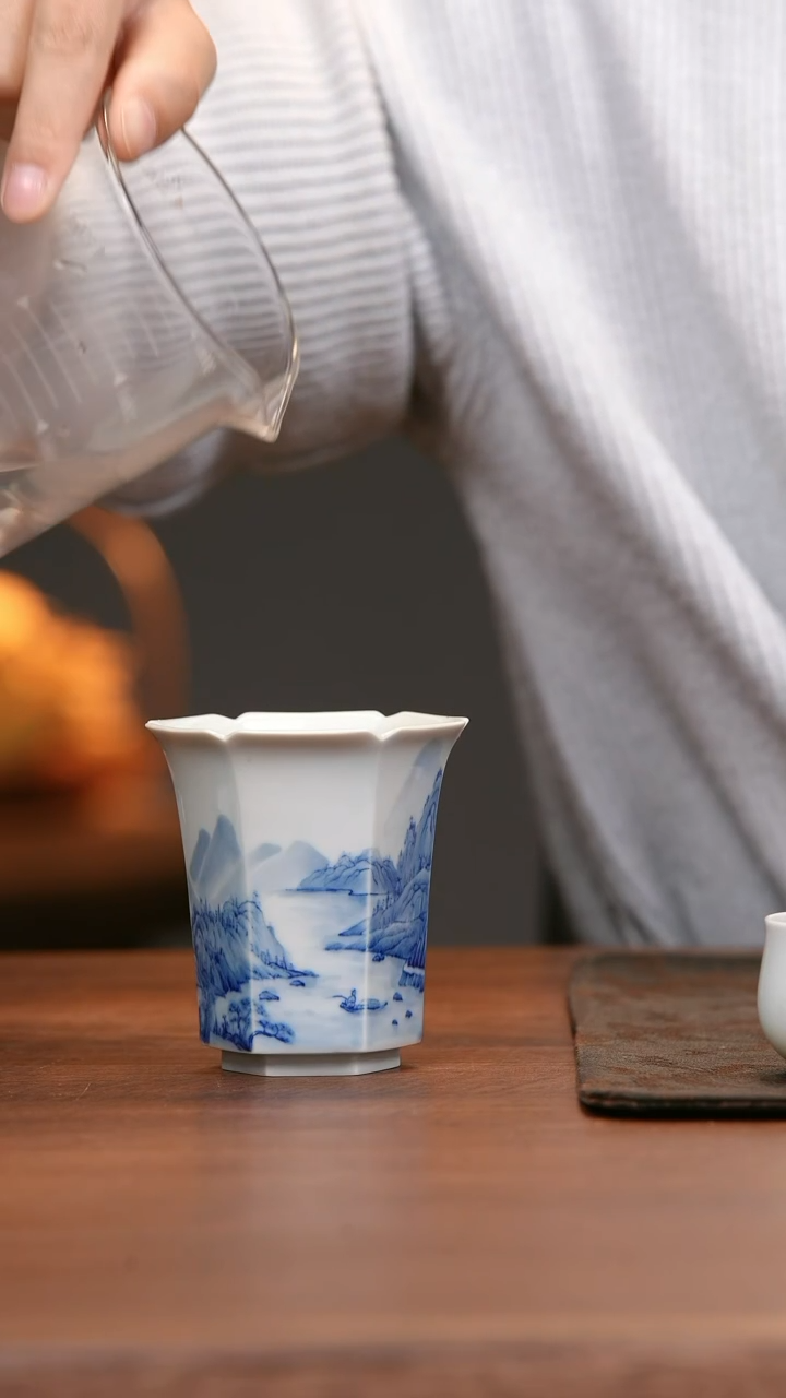 【闪购商品】景德镇柴窑青花山水六方杯TZ15